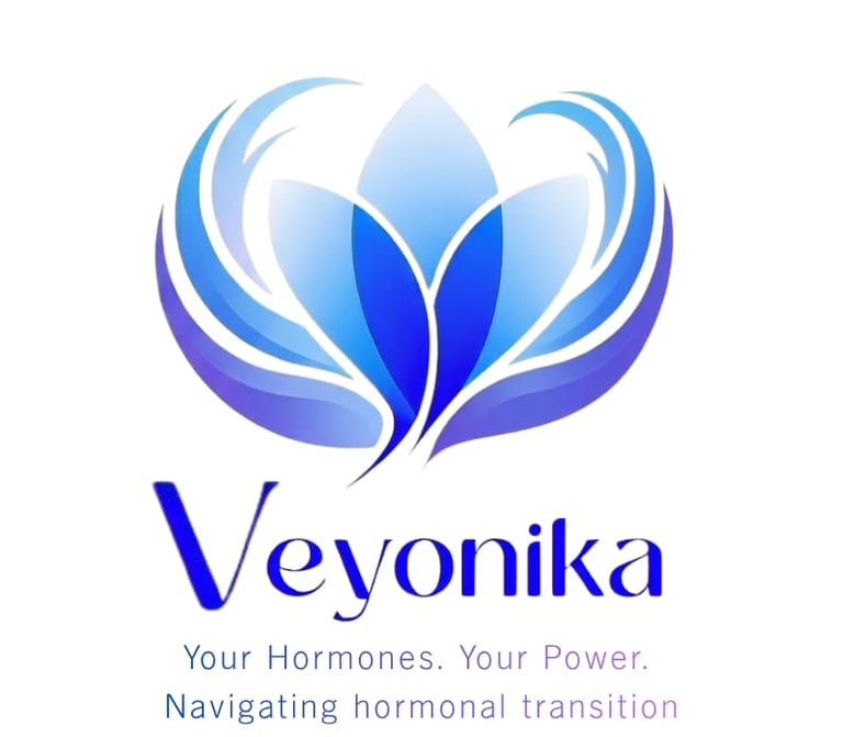 Veyonika logo featuring a blue lotus flower with curved petals and tagline about hormones and hormonal transition navigation