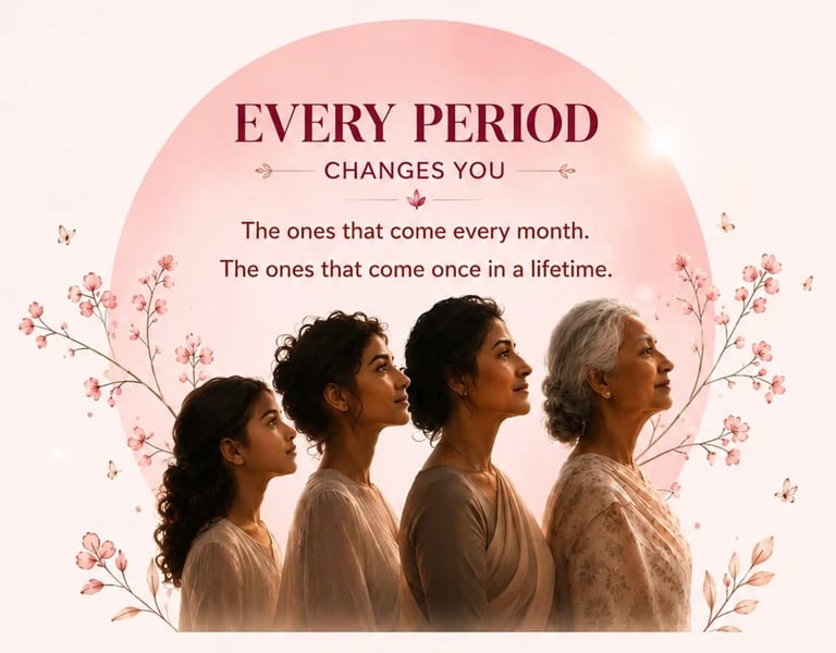 Four women of different ages shown in profile against a pink floral background with text reading Every Period Changes You and descriptions of menstrual cycles.