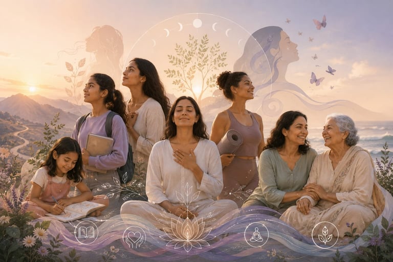 Multi-generational women meditating together with spiritual overlays, lotus flower, and wellness icons against a serene sunset landscape